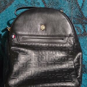 Tommy Hilfiger Black Embossed Logo Mini Backpack with Gold Accent
